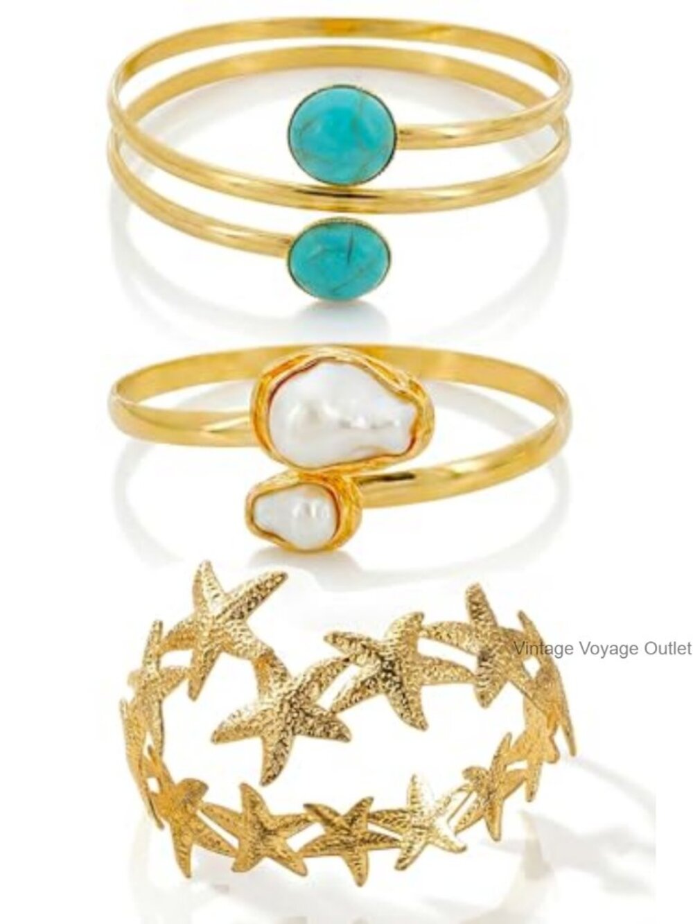 3pc Gold Plated Arm Cuff Set Pearl Turquoise Open Bangle Adjustable Armband
